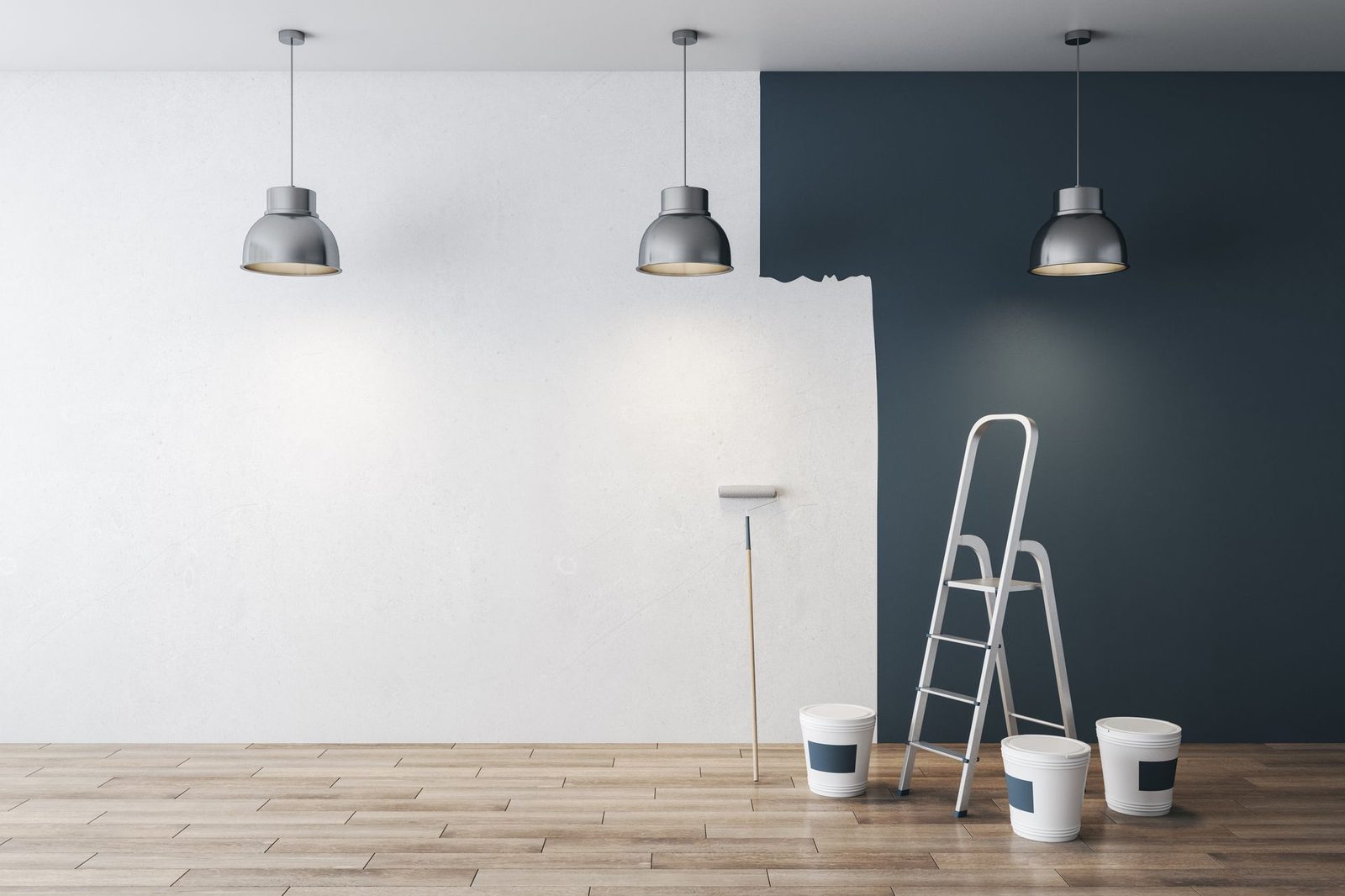 Room mid-transformation, half painted deep navy blue